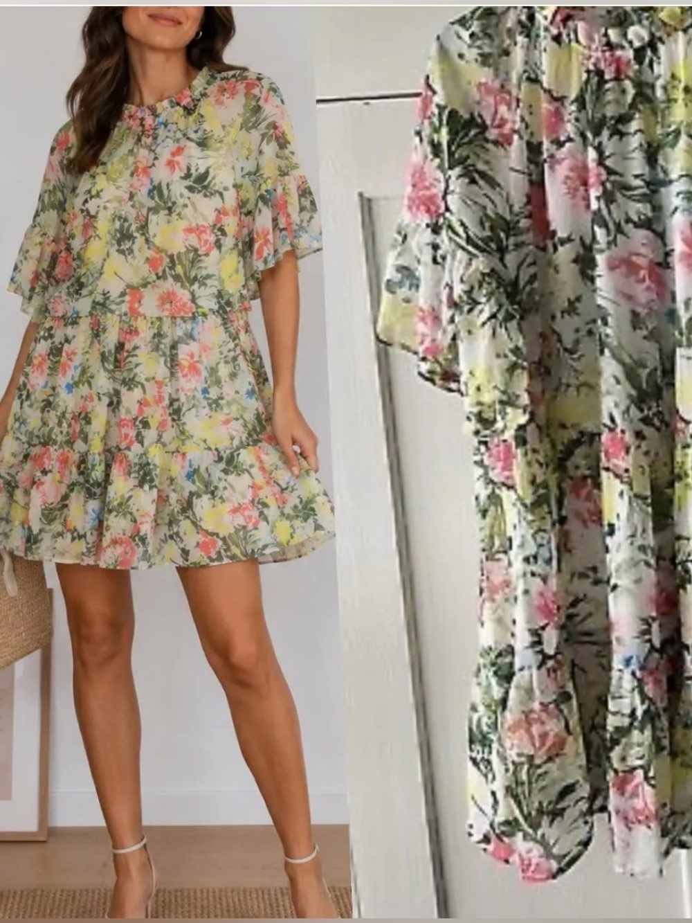 H&M Floral Tiered Casual Dress - White, Pink & Yellow
